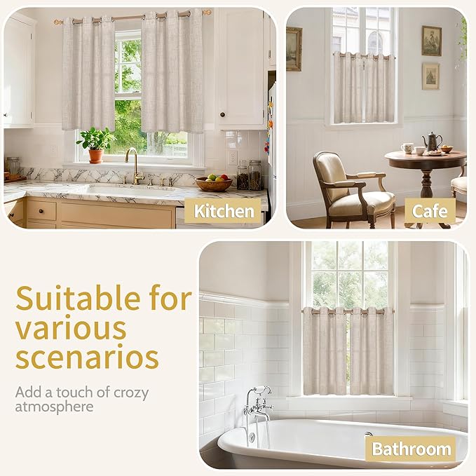 YoungsTex Linen Curtains 30 Inch Long with Grommet for Kitchen Cafe Window, Short Drapes Light Filtering Rustic Style for Bathroom Small Window, 42 X 30 Inch, 2 Panels