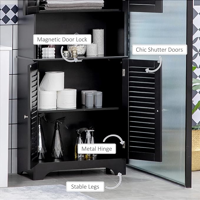 HOMCOM Tall Narrow Bathroom Storage Cabinet with Doors and Shelf Adjustability, Freestanding Linen Cabinet with 2 Cabinets and Countertop, Black
