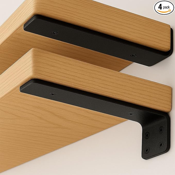 Floating Shelf Bracket 8 Inch of 4 Pack Heavy Duty Shelf Brackets Black Coated Metal L Bracket Wall Shelf Support DIY Brackets with 1/5 Inch Thick and 160 LBS Load Capacity