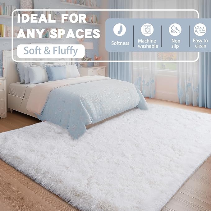 8x10 Fluffy Rugs for Living Room, Soft Large White Shag Area Rug Carpet for Bedroom, Non-Slip Fuzzy Plush Rugs for Home Decor, Cozy Modern Indoor Shaggy Floor Big Rug