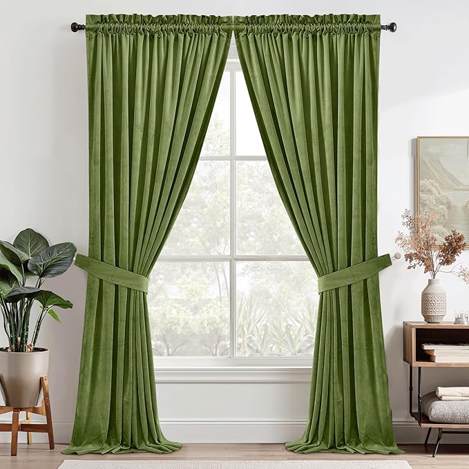 StangH Grass Green Curtains Velvet Drapes 108 inches Long Light Blocking Patio Door Curtain Panels Rod Pocket Window Treatment Set for Villa Parlor Holiday Decor, W52 x L108, 2 Panels