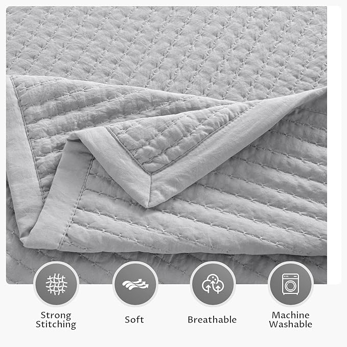 KASENTEX Twin Quilt Set 68"x86" – Soft Washed 3-Layer Lightweight Bedspread, Minimalist Nordic Design, All-Season Spring & Summer Quilt Set (1 Quilt + 2 Pillow Shams), Gull