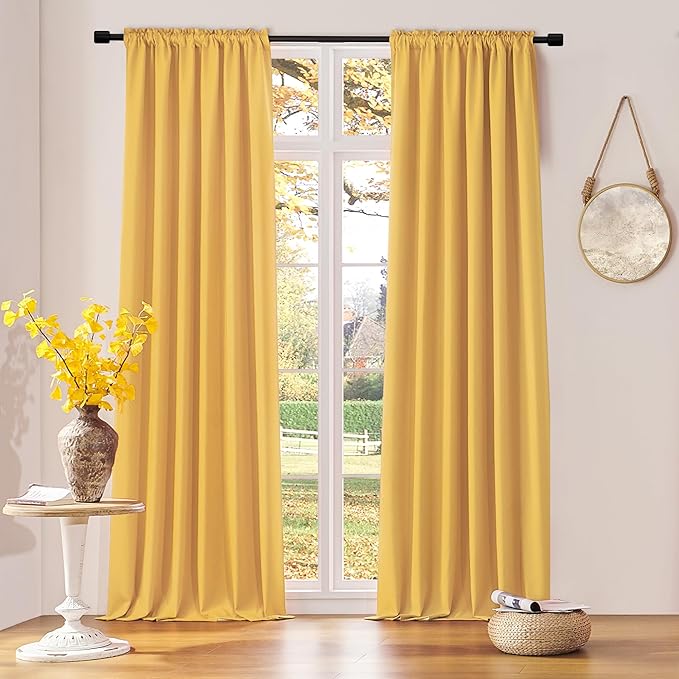 DONREN Patio Blackout Curtain Panels - Home Decoration Thermal Insulated Rod Pocket Blackout Drapes - 2 Panels Gold Yellow Backdrop 5FT x 8FT Curtains for Parties