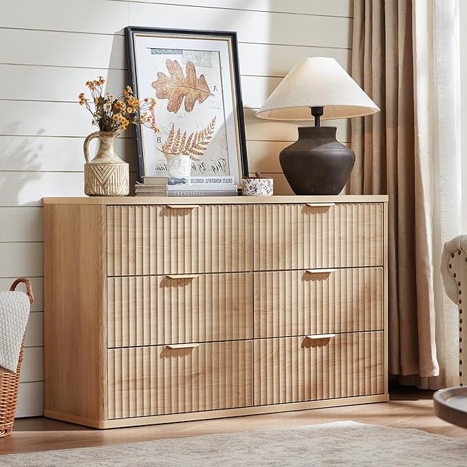 LEYAOYAO 48" Wide Fluted Dresser and 2 Drawers 23" Nightstand Set of 2, Wooden Dresser & Night Stand with Charging Station, 3 Piece Bedroom Furniture Set, Chest of Drawer for Living Room,Natural Wood