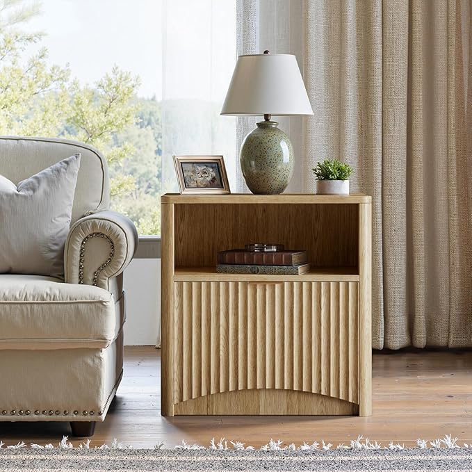 Evermagin Fluted Nightstand, Natural Oak Bedside Table with Drawer and Storage, Wood End Table Mid Century Modern, Large Night Stand for Bedroom