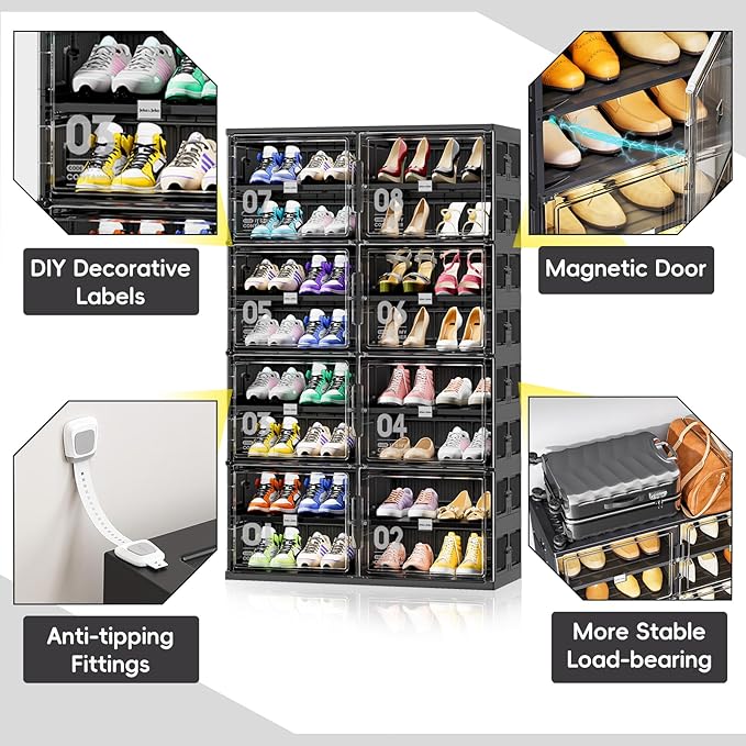 JEKO&JEKO 8 Tiers Foldable Shoe Rack Organizer Cabinet for Closet Entryway, Large Collapsible Shoe Storage Box with Magnetic Doors (Black)