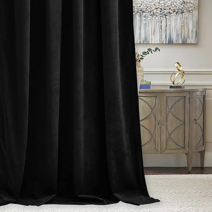 RYB Home Velvet Curtains 96 inches - Blackout Heavy Duty Curtains Soft Luxury Back Tap Window Covering Privacy Protection for Kids Room Bathroom Parlor, Black, W52 x L96 inches, 2 Panels