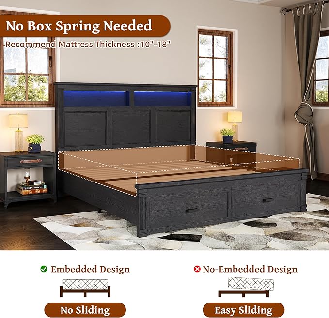 53" Tall Queen Bed Frame with Headboard and Storage, 2 Drawers and LED Built in Charging Station Bed Frame Queen Size with Farmhouse Roman Column Decoration,No Box Spring Needed (Black)
