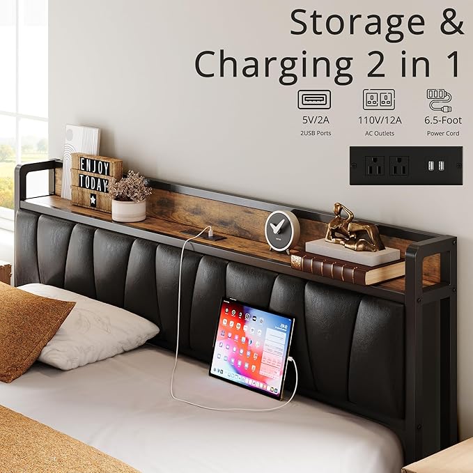 LIKIMIO California King Bed Frame, Storage Headboard with Charging Station, Solid and Stable, Noise Free, No Box Spring Needed, Easy Assembly (Vintage and Black)