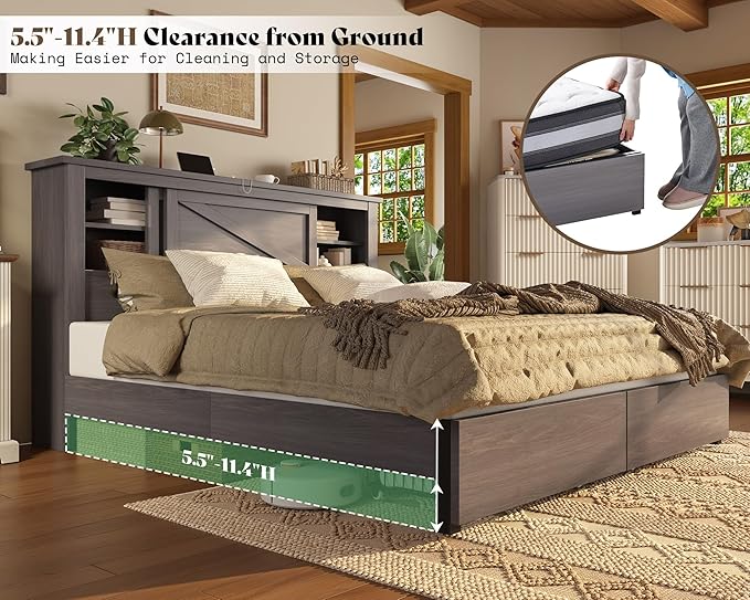 AMERLIFE 47.2" H King Bed Frame with Hidden Space Bookcase Headboard and Charging Station, Beds with 2 Storage Drawers and Wood Slats, No Box Spring Needed, Grey