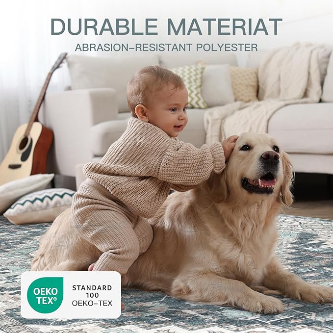 3x5 Vintage Washable Area Rug for Living Room,Low Pile Non Slip Carpet Non-Shedding Small Area Rug Soft Indoor Stain Resistant Rug Boho Print Mat for Bedroom Dining Room Blue Beige Multi