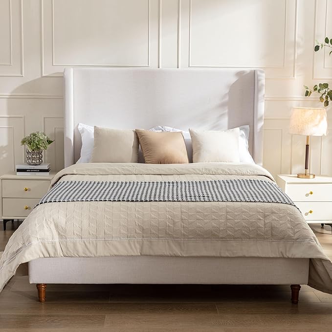 Queen Size Upholstered Platform Bed with 54" Tall Wingback Headboard/Elegant Upholstered Bed Frame Without Wooden Slats/Box Spring Required/Easy Assembly/Textured Ivory Canvas