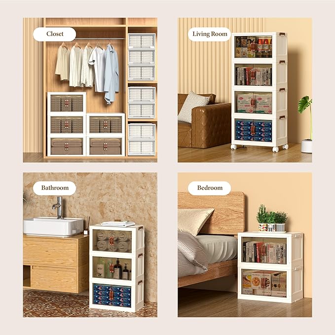 130 QT Large Plastic Storage Bins with Lids Open Front, Stackable Storage Containers with Wheels for Clothes, Home, Room, White, 2 Tiers