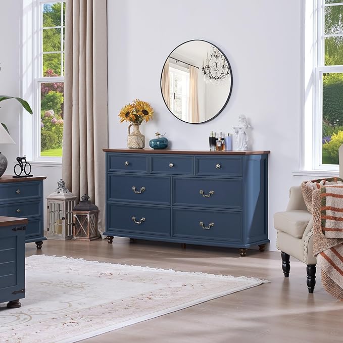 24" Wide Farmhouse Nightstand Set of 2, 54" 7 Drawers Dresser, 45" Tall Rustic Chests of 5 Drawers w/ 4 Solid Wood Feet, Farmhouse Furniture Series for Living Room,Bedroom,DarkBlue