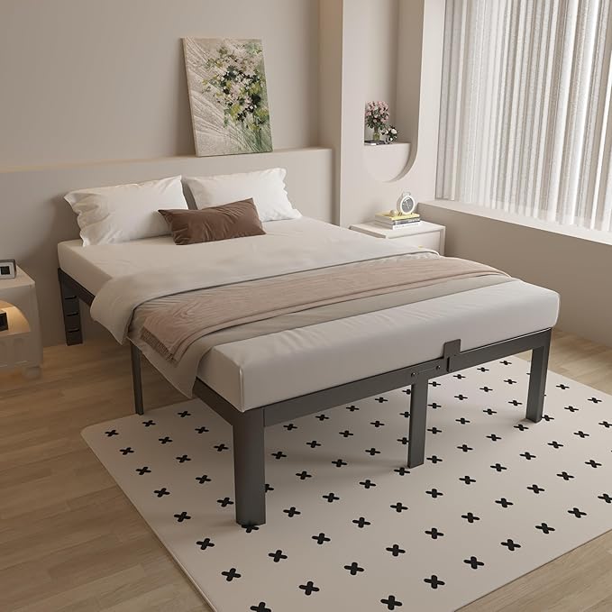 Full Size Bed Frame 16 Inch Black, Metal Platform Full Bed Frame with Baffles, No Box Spring Needed, Heavy Duty Steel Supprt, Rounded Corner Design, Reserved Holes, Noiseless, Easy Assembly