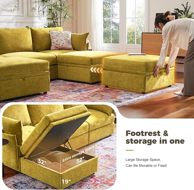 ABCASA 102.6" U Shaped Modular Sectional Sofa, 5 Seater Couch with Storage Ottoman Deep Seat and High Backrest with Removable Cover for Living Room, Apartment - Chenille Yellow