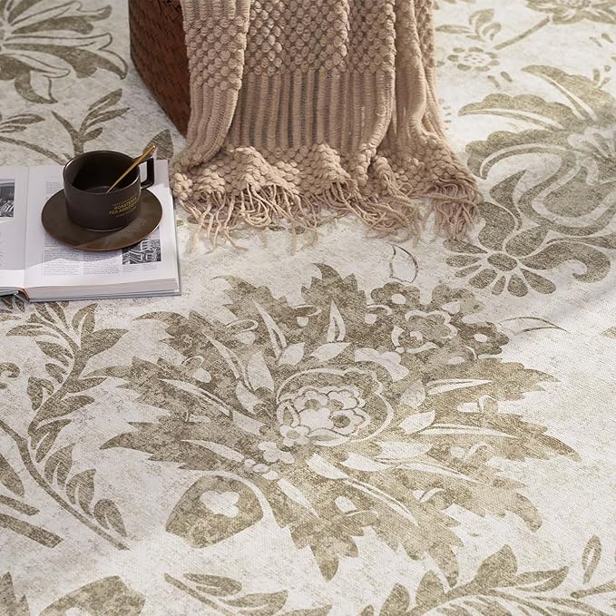 jinchan Torino Classic Floral Round Rug 8ft, Vintage-Inspired Neutral Design 8’Circle Rug, Machine Washable Ultra-Thin Low-Pile Non-Slip Indoor Carpet for Bedroom Dining Room Living Room, Taupe