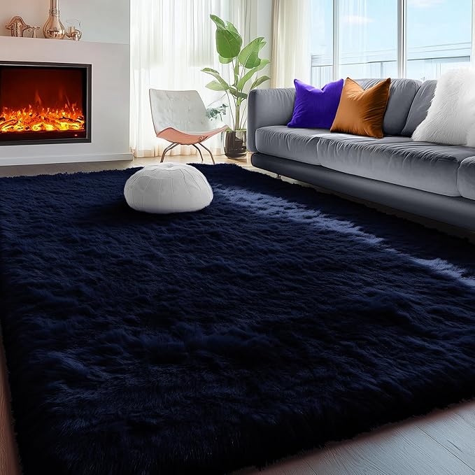 PAGISOFE Navy Blue Rug 3x5, Fluffy Dark Blue Rugs for Bedroom Super Soft Bedside Rugs, Modern Indoor Carpets for Living Room Non-Slip Carpet for Kids Boys Girls Teen Dorm Nursery Room Decor Classroom