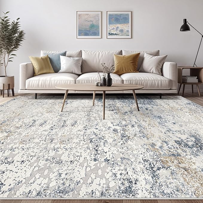 Area Rug Living Room Rugs - 8x10 Abstract Large Soft Indoor Washable Rug Neutral Modern Low Pile Carpet for Bedroom Dining Room Farmhouse Home Office - Beige Blue