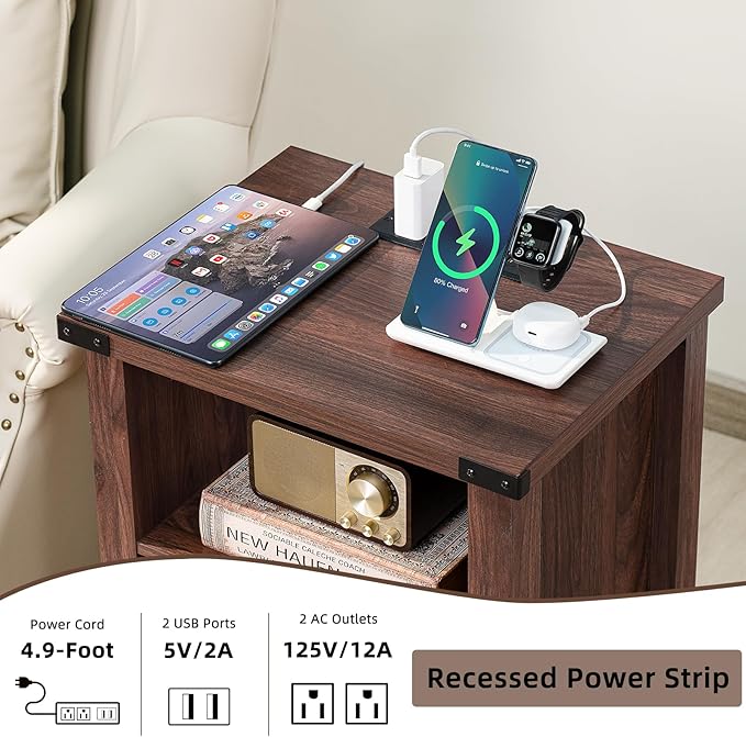 Joaxswe Night Stand, 18 Inch Farmhouse Nightstand with with Charging Station and USB Port, Rustic Couch End Table with Magnetic Door, Wood Bed Side Tables for Bedroom, Home, Brown Walnut