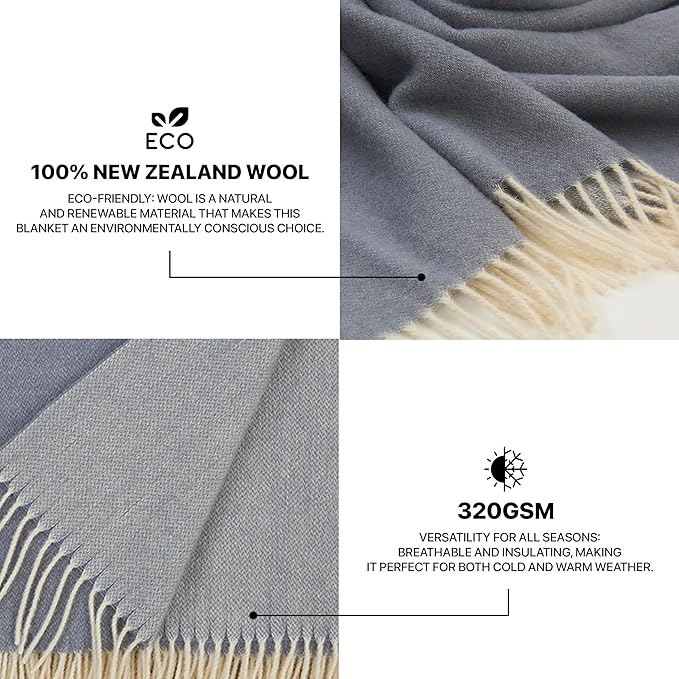 | Wool Blanket/Throw | 100% New Zealand Wool | Perfect for Home and Outdoors | Virgin Wool Throw with Fringes 55"x79"(140 x 200 cm)