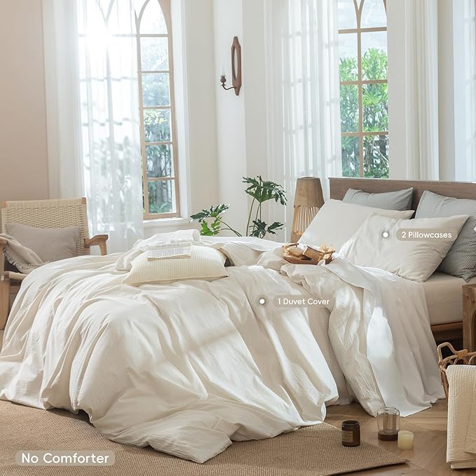 MooMee Striped Duvet Cover Set 100% Washed Cotton Linen Like Textured Breathable Durable Soft Comfy (Almond Milk Grey Pinstripes, Oversized Queen 98"x98")