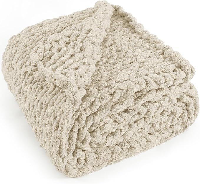 Chunky Knit Throw Blanket 50"X 60", 100% Handmade with Soft Chenille Yarn, 4.4lbs Thick Cable Knitted Blankets, Large Rope Knot Crochet Throws for Couch Sofa Bed Home Decor, Beige