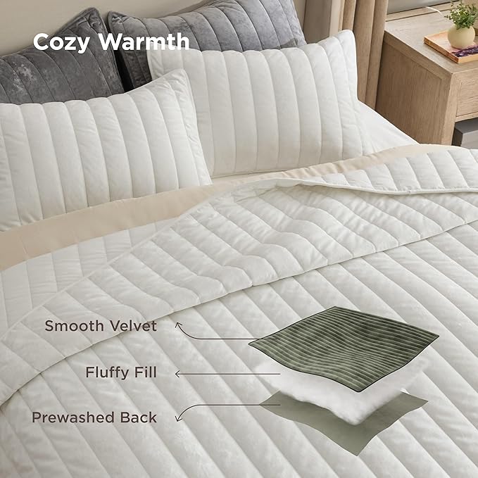 Bedsure Velvet Quilt King Size Set - 108"x96" Lightweight Velvet Comforter King, Oversized Luxury Bedspread Coverlet, Ultra-Soft Winter Bedding Set with 2 Pillow Shams, Cream White