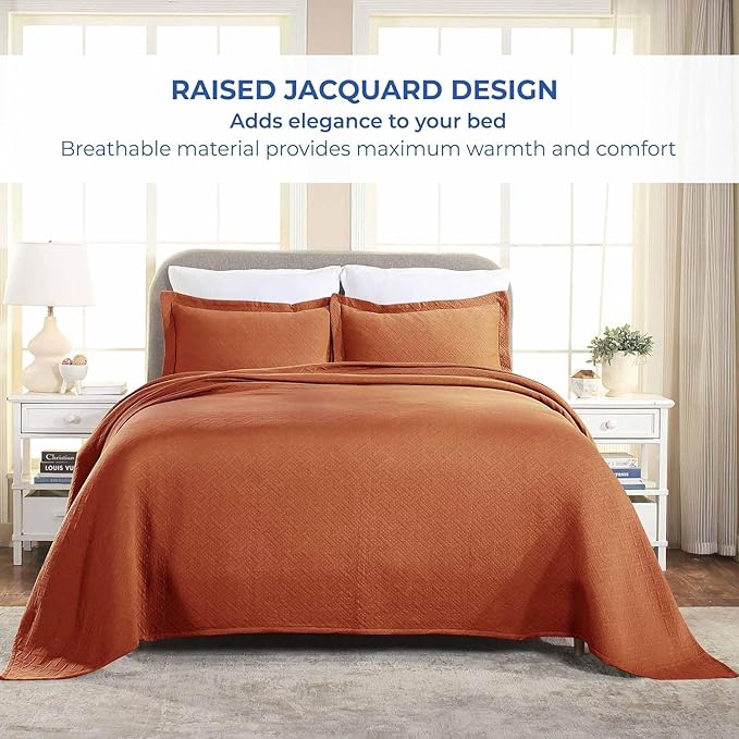 Superior 100% Cotton Basket Weave Bedspread with Shams, All-Season Premium Cotton Matelasse Jacquard Bedding, Quilted-Look Geometric Basket, Queen, Mandarin