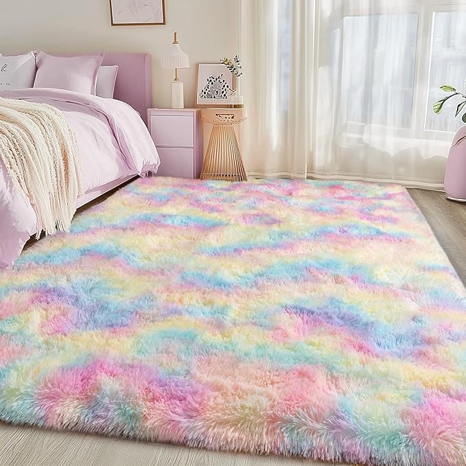 8x10 Fluffy Rainbow Rug for Living Room, Large Colorful Tie Dyed Shaggy Area Rugs for Bedroom Girls Kids Room, Soft Non Slip Fuzzy Shag Rug for Nursery Dorm Home Decor