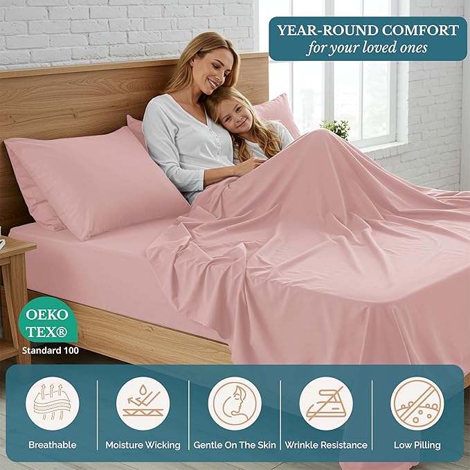 Casa Platino Bedding Sheets & Pillowcases – King Size Sheet Set, Pre-Washed Ultra Soft Cooling Bed Sheets, 4 Piece Hydro-Brushed Microfiber Set, Cozy Fit, Deep Pocket King Sheets - Sepia Rose