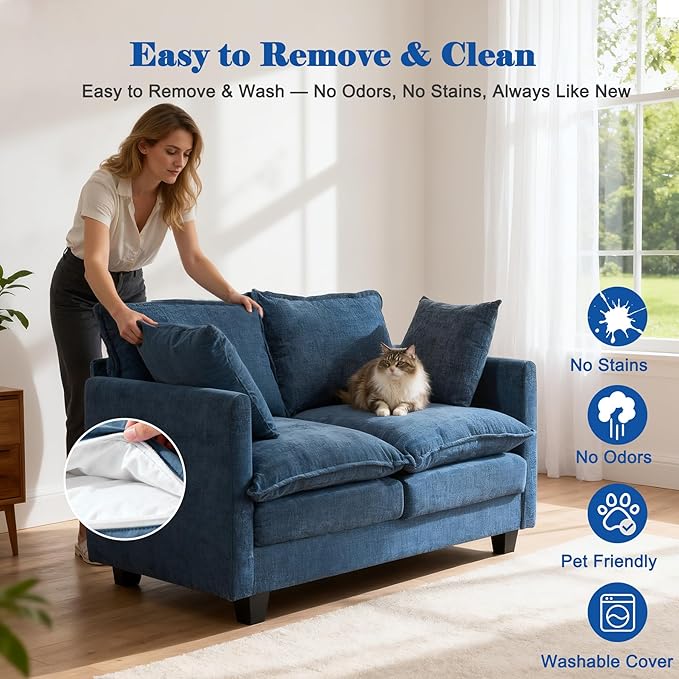 Loveseat Sofa Cloud Sofa Couch 50'', Modern Loveseats 2 Seat Couch 27" Deep Seat with 2 Pillows for Small Spaces Apartment Studio Office Bedroom Living Room 8834-BLUE