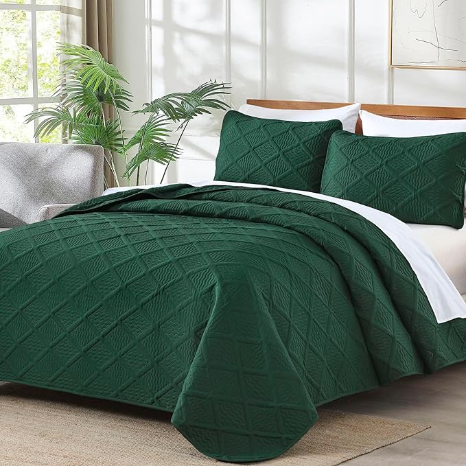 Yiran Quilts Queen Size, Emerald Green Spring Summer Bedspread Bedding Set, 3 Pieces Diamond Pattern Lightweight Microfiber Coverlet with 2 Pillow Shams for All Season 96x90 Inch