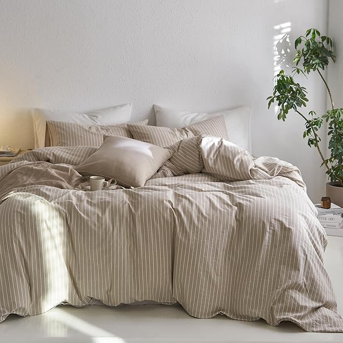 MooMee Striped Duvet Cover Set 100% Washed Cotton Linen Like Textured Breathable Durable Soft Comfy (Tannish Linen Grey White Wide Stripes, King 104"x90")