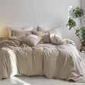 MooMee Striped Duvet Cover Set 100% Washed Cotton Linen Like Textured Breathable Durable Soft Comfy (Tannish Linen Grey White Wide Stripes, Twin 68"x90")