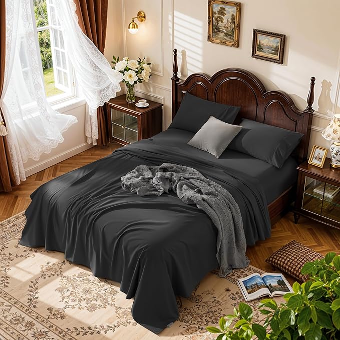 LBRO2M 1000 Thread Count 100% Cotton Sheets Set,King Size Bed Sheet 4 Piece Sets,Long Staple,16 Inches Deep Pocket,All Season,Bedding Super Soft Comforterble Breathable,Sateen Weave(Black)