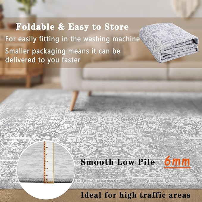 vivorug 6x9 Neutral Area Rugs, Stain Resistant Washable Rug for Living Room, Vintage-Inspired (Ivory/Silver, 6'x9')