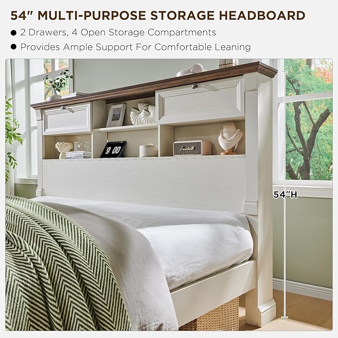 T4TREAM Farmhouse Queen Size Bed Frame with 54" Tall Headboard, Wood Platform Bed Frame with 18" Tall Roman Column Decoration Footboard & 2 Large Storage Drawers, No Box Spring Needed(Antique White)
