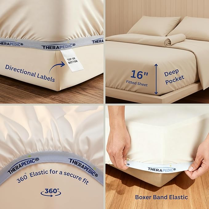 Therapedic 1000TC California King 6-Piece Sheet Set - 100% Organic Rayon Derived from Bamboo Blend with Cooling Fiber, Ideal for Hot Sleepers - 16" Deep Pocket Fitted Sheet, Bonus Pillowcases - Ivory