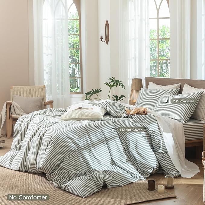MooMee Striped Duvet Cover Set 100% Washed Cotton Linen Like Textured Breathable Durable Soft Comfy (Heathered Green Classic Stripes, Full 80"x90")