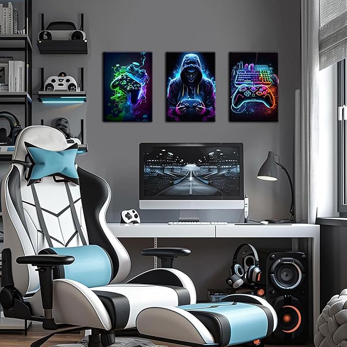 BGFCE Cool Gaming Canvas Wall Art Set of 3, Retro Video Game Watercolor Poster Pictures, Neon Gamepad Gamepad Painting Prints Game Room Bedroom Wall Decor 12x16 in Framed