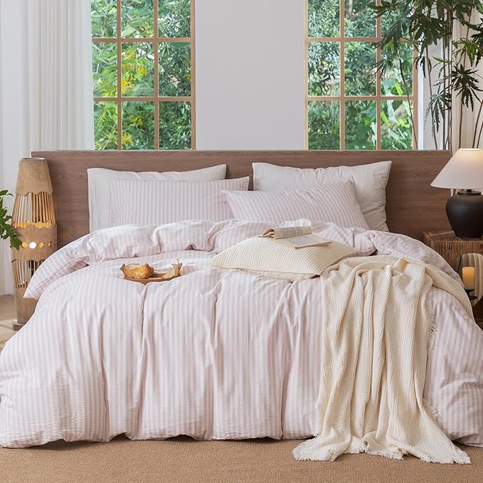 MooMee Striped Duvet Cover Set 100% Washed Cotton Linen Like Textured Breathable Durable Soft Comfy (Heathered Greyish Pink Classic Stripes, Full 80"x90")