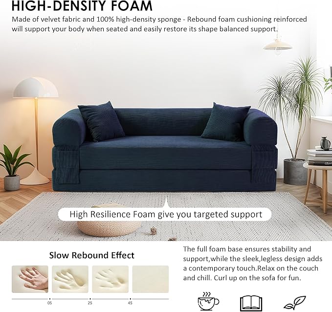 80" Convertible Sofa Bed, 3-in-1 Corduroy Folding Pull Out Couch with Pillows, No Assembly Modern Boneless Couch Compression Sofa in Box, Floor Sofa with Side Storage Pocket for Living Room,Navy Blue