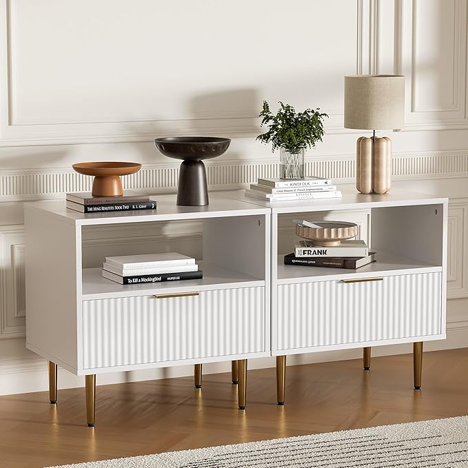 White Nightstand Set of 2, Modern Nightstand with Drawer, End Table with Storage, Bed Side Table with Open Space for Bedroom, Living Room, White