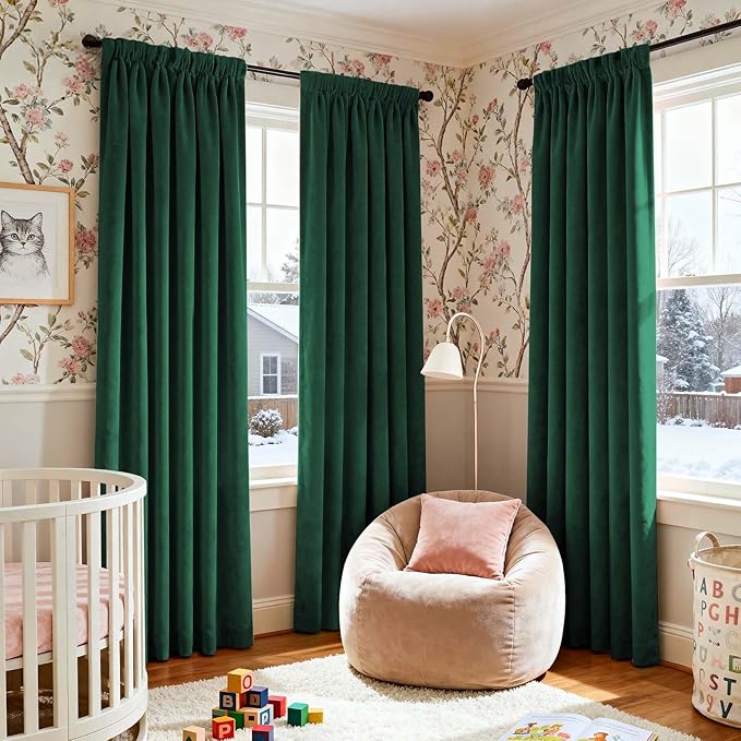 Lazzzy Velvet Blackout Curtains Thermal Insulated Room Window Drapes Super Soft Luxury Curtains for Living Room Bedroom Rod Pocket 2 Panels, Emerald Green, 42" W x 90" L
