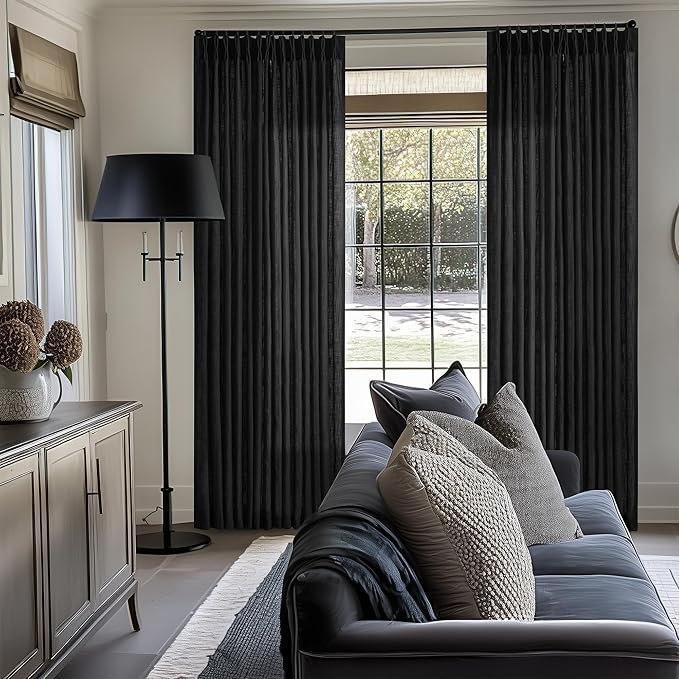 Black Linen Semi Sheer Curtains 90 Inches Long for Living Room Bedroom Light Filtering Black Textured Burlap Pinch Pleated Curtains 90 Length Hooks Rings Back Tab for Sliding Door 2 Panels