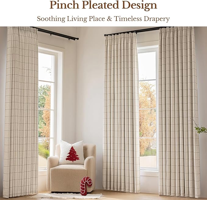 Plaid Pinch Pleated Curtains - Modern Luxury Linen Buffalo Blackout Drapes, Thermal Insulated Double Layer Window Panels for Living Room Bedroom, 90 Inches Long Brown 2 Panels Set