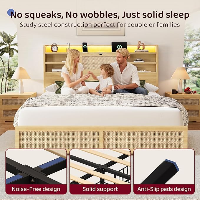 Queen Size Rattan Bed Frame with 4 Storage Drawers and Hidden Storage Headboard Wooden Platform Bed Frame with LED Lights and Charging Station, No Box Spring Needed, Easy Assembly, Natural