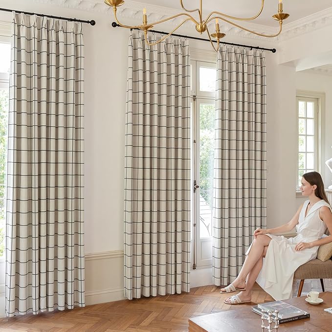 Plaid Pinch Pleated Curtains - Modern Luxury Linen Buffalo Blackout Drapes, Thermal Insulated Double Layer Window Panels for Living Room Bedroom, 108 Inches Long Black 2 Panels Set