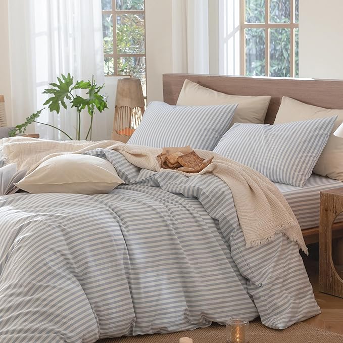 MooMee Striped Duvet Cover Set 100% Washed Cotton Linen Like Textured Breathable Durable Soft Comfy (Cornflower Blue White Classic Stripes, Alaska King 132"x120")